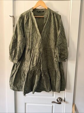 Ara Olive Eyelet Tiered Mini Dress